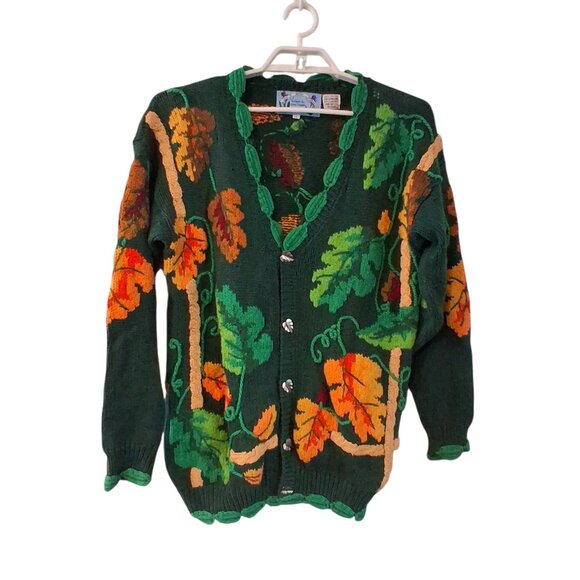 Just Better Lisa Coufal cardigan sweater size 1 hand knit vintage Fall leaves - Picture 1 of 6